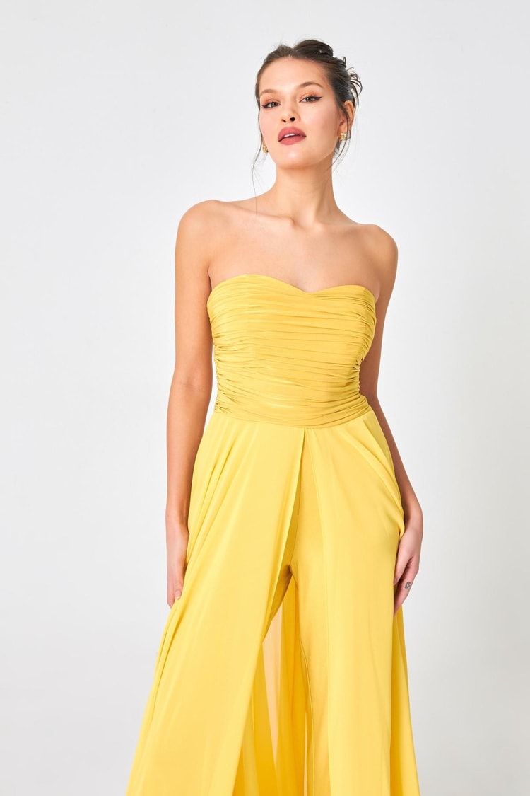 Sarı Straplez Drape  Ve Tül Detaylı Abiye Elbise Kadın Kategorisiz modelleri