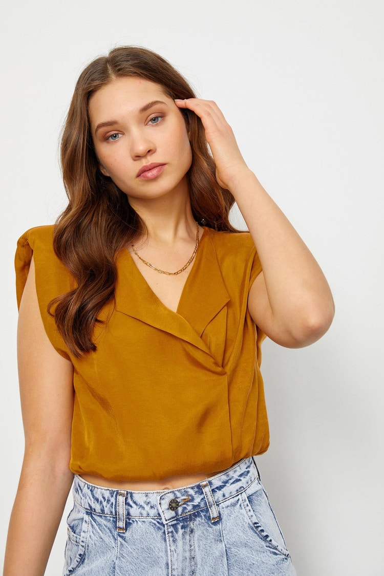 Şeftali Beli Lastikli Kruvaze Crop Bluz Kadın Bluz modelleri