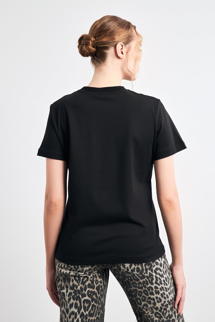 Siyah Altın Renk Parlak Baskı Detaylı Bisiklet Yaka Kısa Kollu T-Shirt Kadın Kategorisiz modelleri