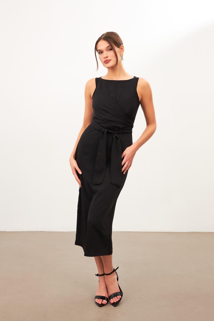 Siyah Asimetrik Bisiklet Yaka 0 Kollu Elbise Kadın Günlük Elbise modelleri