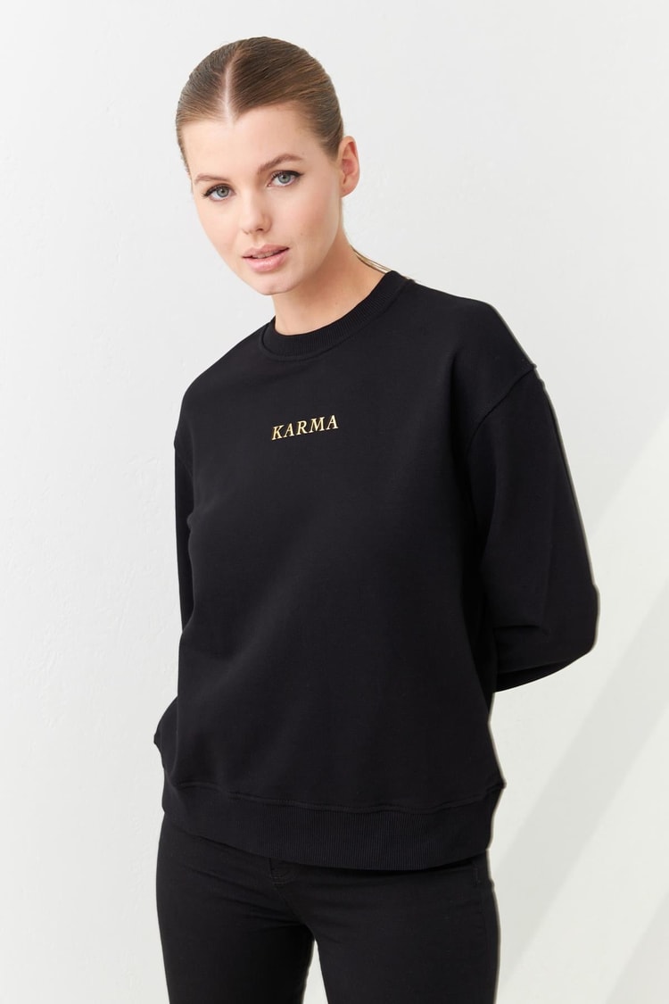 Siyah Baskı Detaylı Bisiklet Yaka Uzun Kollu Sweatshirt Kadın Kategorisiz modelleri