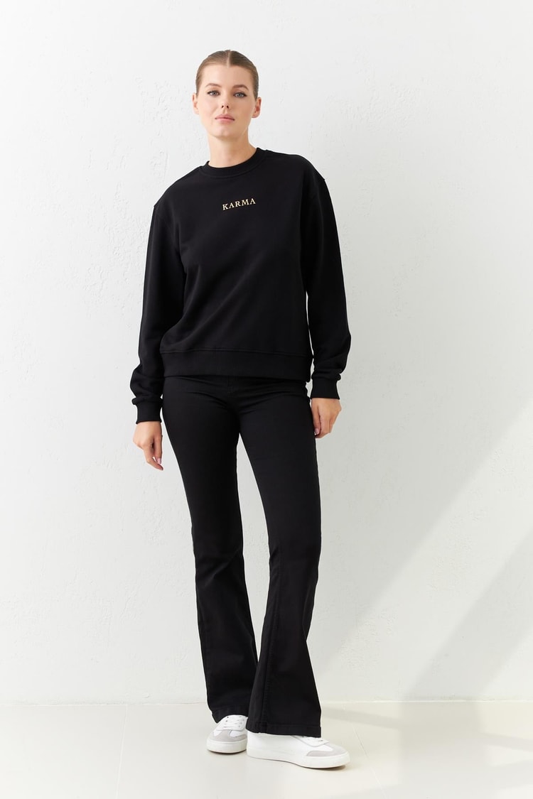 Siyah Baskı Detaylı Bisiklet Yaka Uzun Kollu Sweatshirt Kadın Kategorisiz modelleri