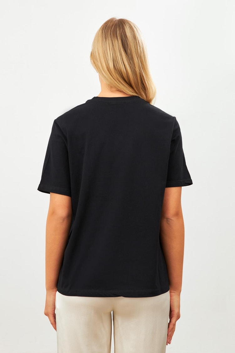 Siyah Baskı Detaylı Bisiklet Yaka T-Shirt Kadın T-Shirt modelleri