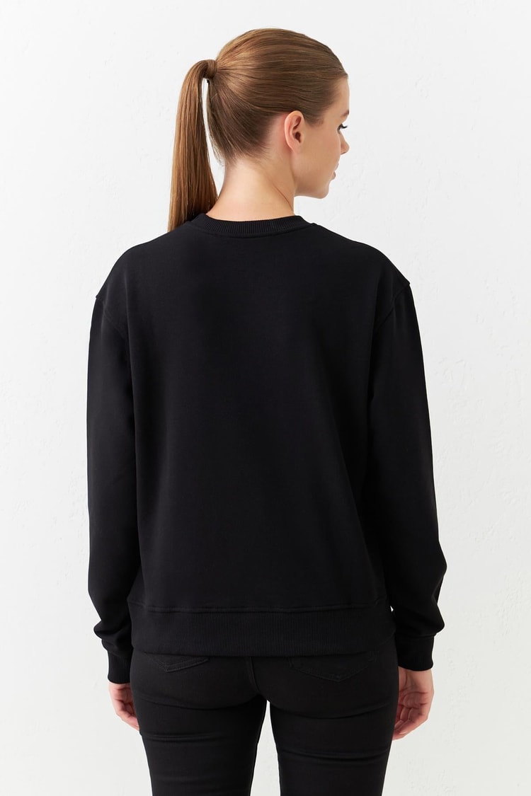 Siyah Baskı Detaylı Bisiklet Yaka Uzun Kollu Sweatshirt Kadın Kategorisiz modelleri