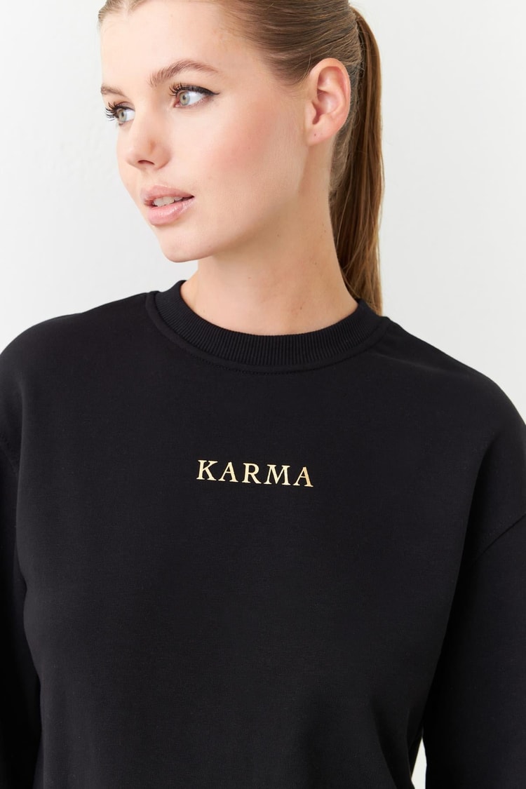 Siyah Baskı Detaylı Bisiklet Yaka Uzun Kollu Sweatshirt Kadın Kategorisiz modelleri
