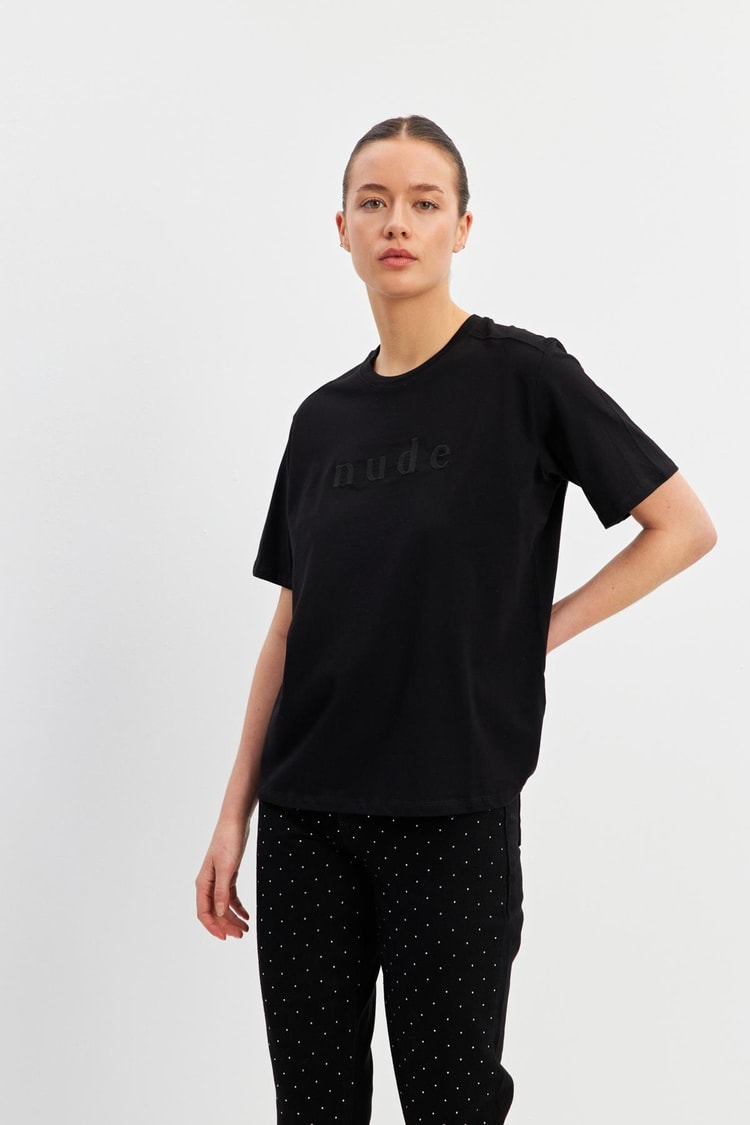 Siyah Baskı Detaylı Bisiklet Yaka Basic T-Shirt Kadın T-Shirt modelleri