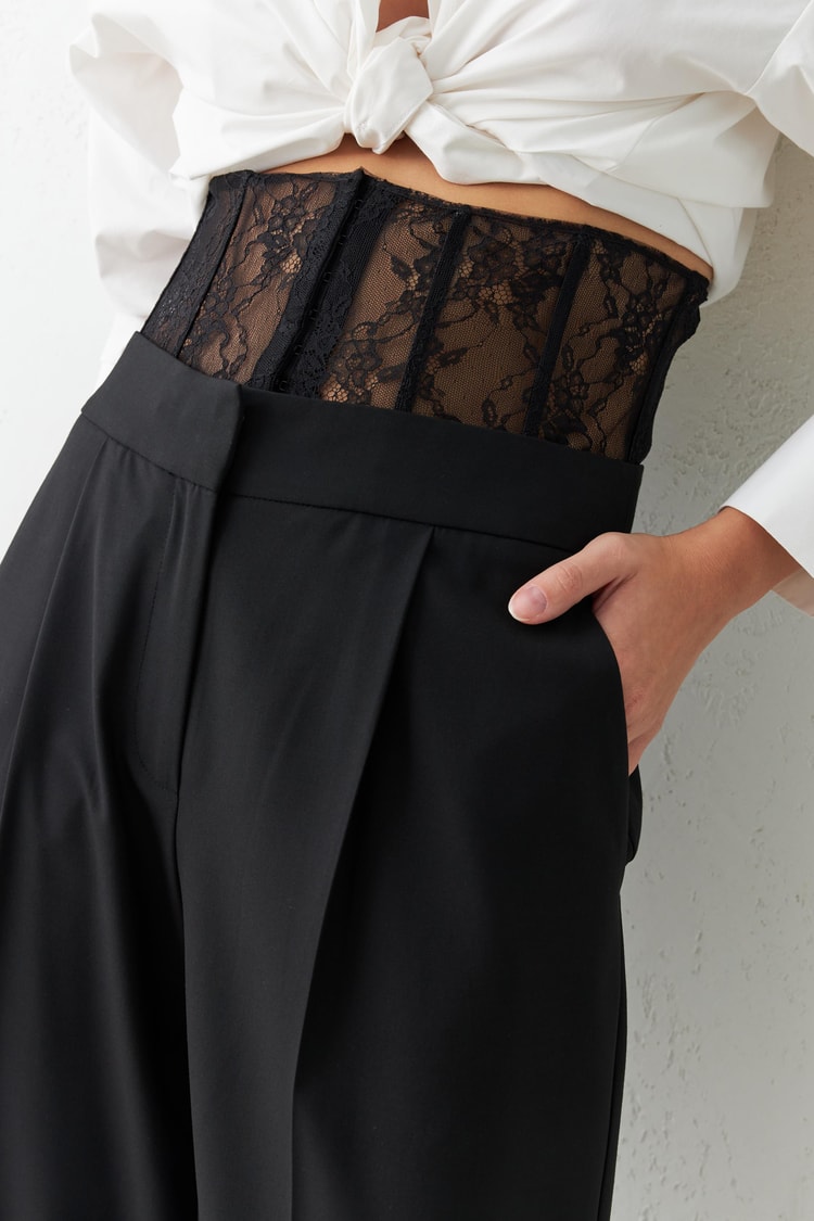 Siyah Belden Transparan Detaylı Rahat Kesim Pantolon Kadın Pantolon modelleri