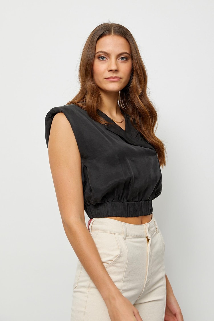 Siyah Beli Lastikli Kruvaze Crop Bluz Kadın Bluz modelleri