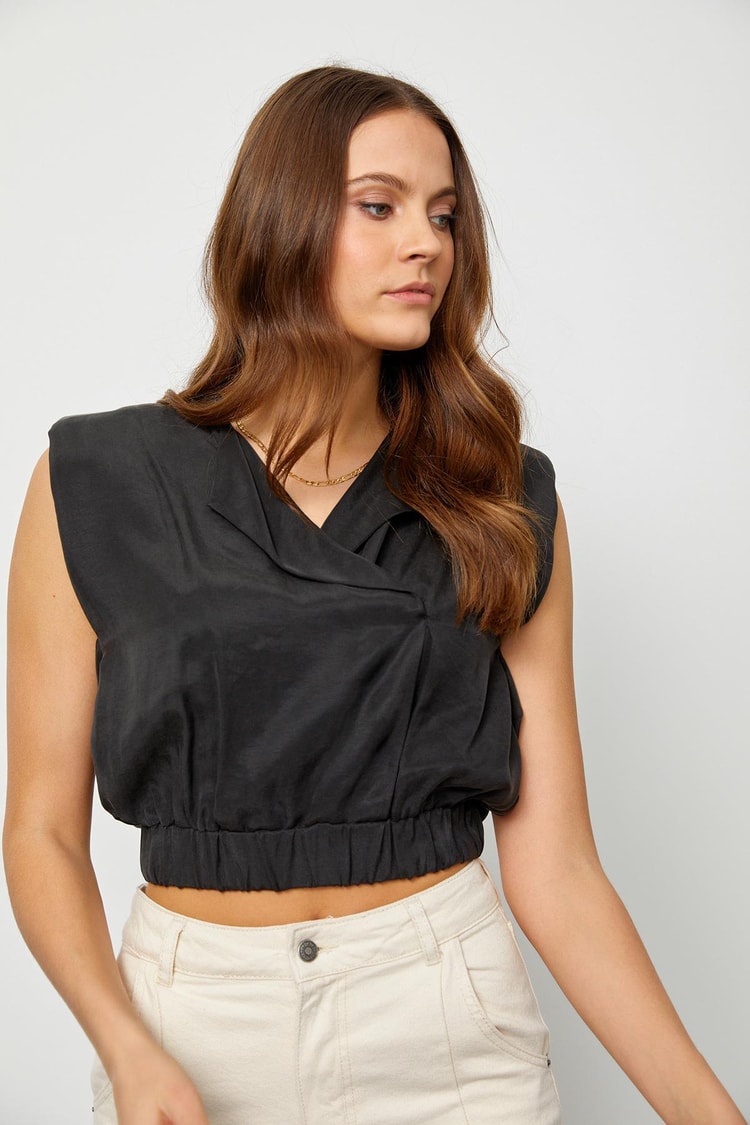 Siyah Beli Lastikli Kruvaze Crop Bluz Kadın Bluz modelleri