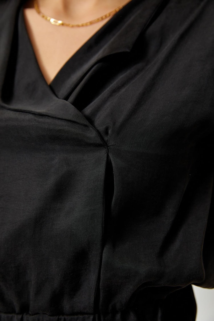 Siyah Beli Lastikli Kruvaze Crop Bluz Kadın Bluz modelleri