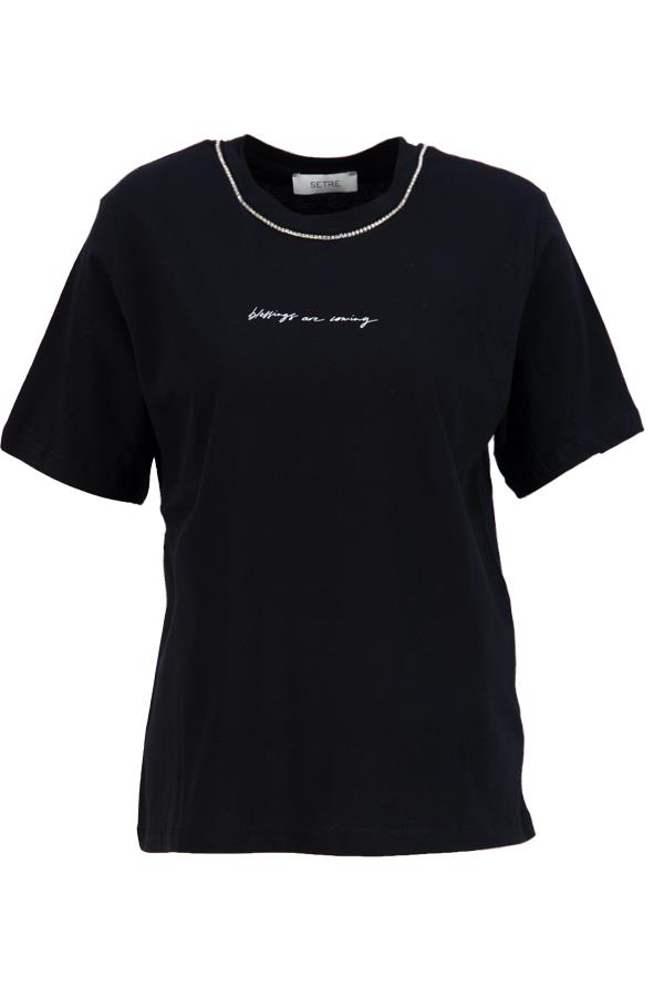 Siyah Bisiklet Yaka Taş Detaylı Baskılı Basic T-Shirt Kadın T-Shirt modelleri