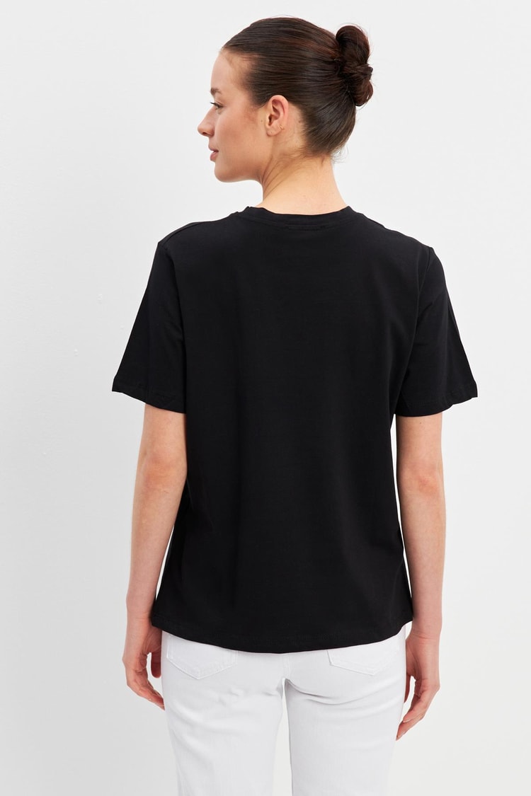 Siyah Bisiklet Yaka Taş Detaylı Baskılı Basic T-Shirt Kadın T-Shirt modelleri