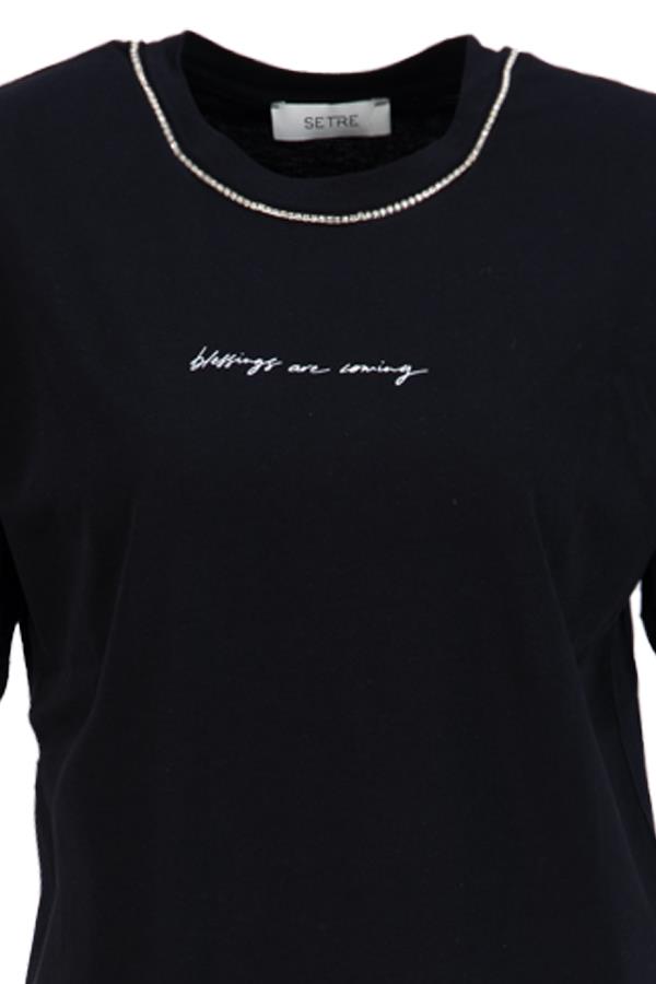 Siyah Bisiklet Yaka Taş Detaylı Baskılı Basic T-Shirt Kadın T-Shirt modelleri