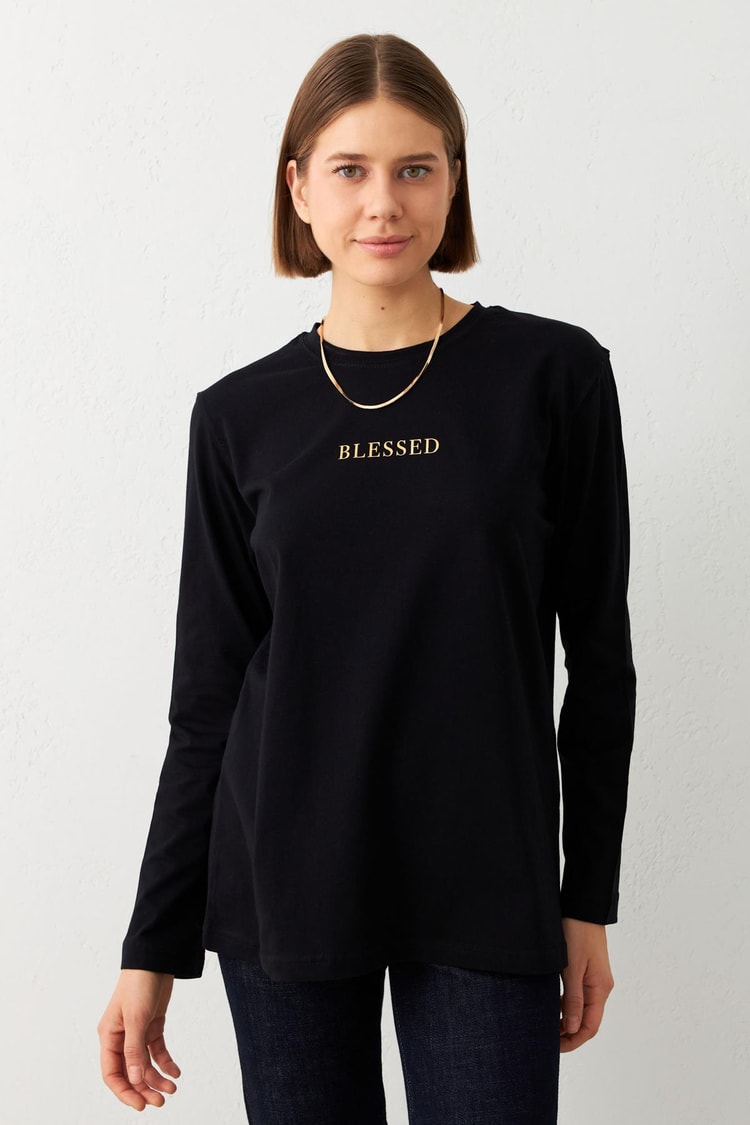 Siyah Bisiklet Yaka Uzun Kollu Baskı Detaylı Sweatshirt Kadın Sweatshirt modelleri
