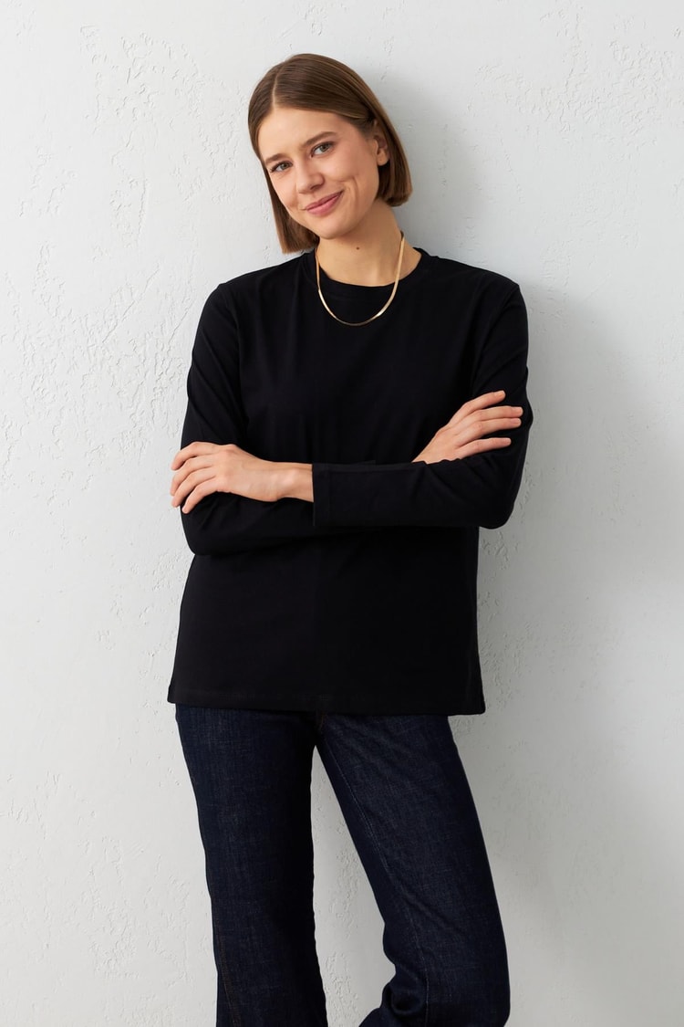 Siyah Bisiklet Yaka Uzun Kollu Sweatshirt Kadın Kategorisiz modelleri