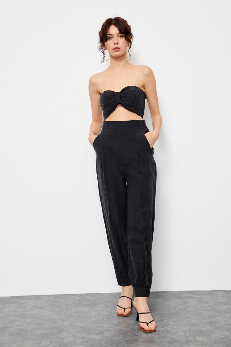 Siyah Crop Top Pantolon Üç Parça Takım Kadın Takım Elbise modelleri