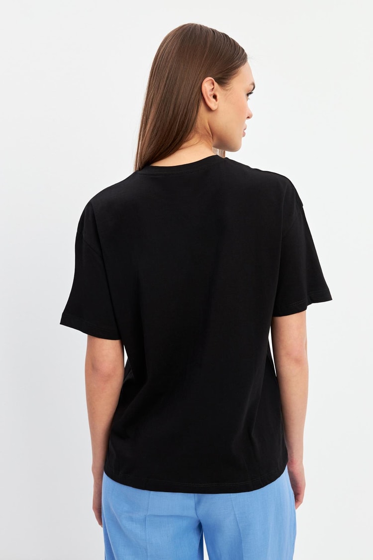 Siyah Kısa Kollu Baskılı Bisiklet Yaka T-Shirt Kadın T-Shirt modelleri
