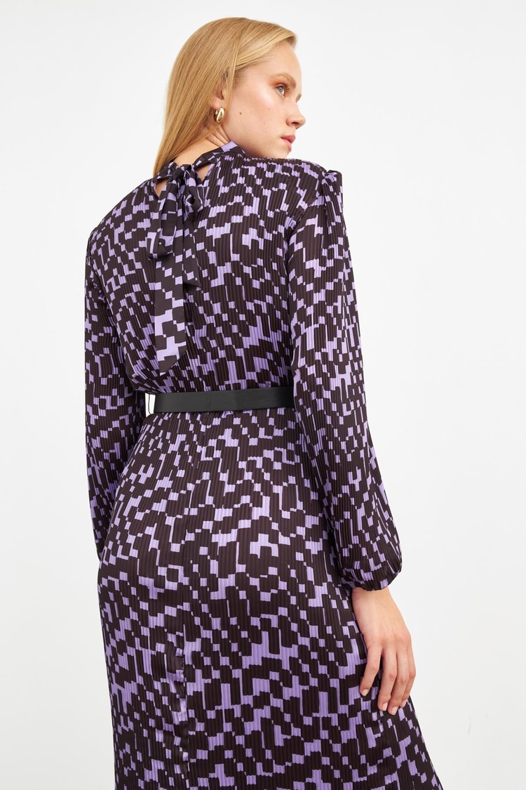 Siyah-Lila Kemer Detaylı Elbise Kadın Günlük Elbise modelleri