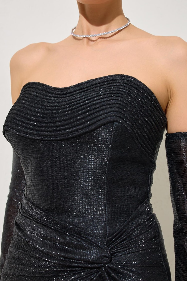 Siyah Omuz Ve Yakada Drape Ve Bel Detaylı Uzun Abiye Elbise Kadın Abiye Elbise modelleri
