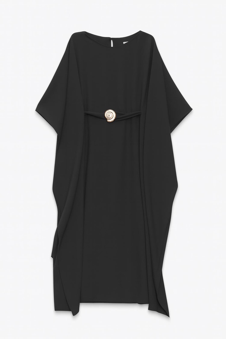 Siyah Rahat Kesim Belden Kemer Detaylı Midi Boy Geniş Kalıp Elbise Kadın Günlük Elbise modelleri