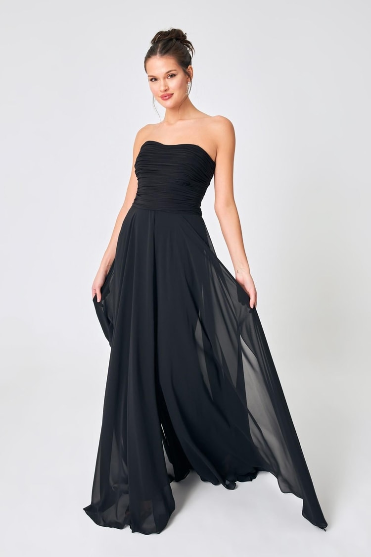 Siyah Straplez Drape  Ve Tül Detaylı Abiye Elbise Kadın Kategorisiz modelleri