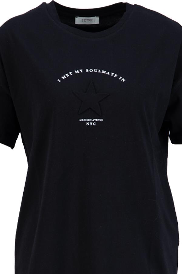 Siyah Yıldız Detaylı Baskılı Bisiklet Yaka T-Shirt Kadın T-Shirt modelleri