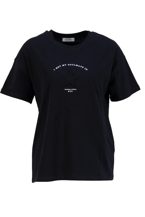 Siyah Yıldız Detaylı Baskılı Bisiklet Yaka T-Shirt Kadın T-Shirt modelleri