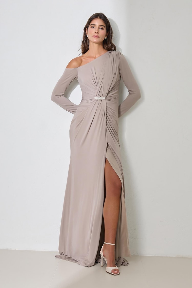 Vizon Düşük Omuz Ve Drape Detaylı Yırtmaçlı Uzun Abiye Elbise Kadın Abiye Elbise modelleri