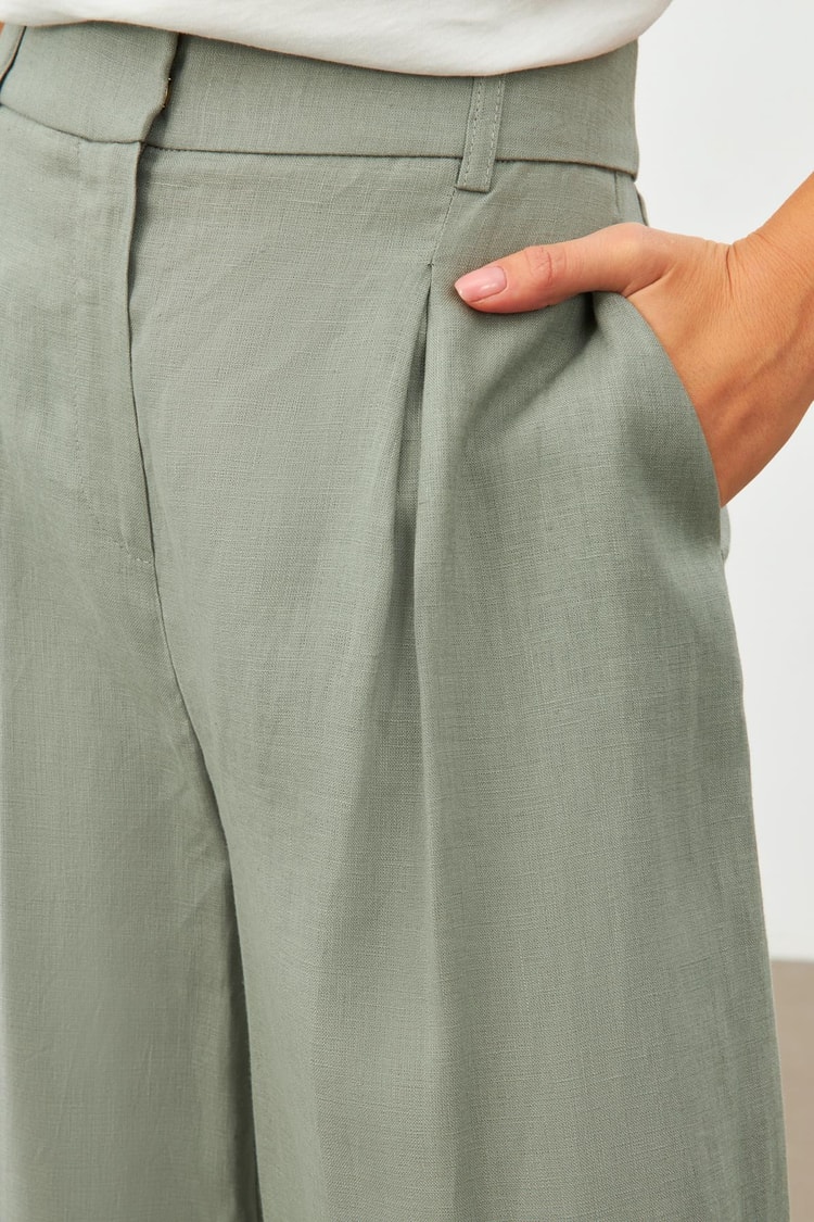 Zeytin Zeytin Renkli Pile Detaylı Keten Pantolon Kadın Kategorisiz modelleri