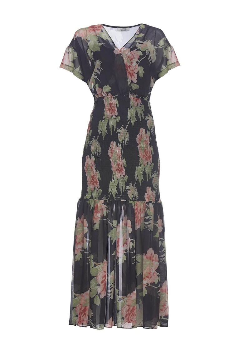 Siyah  V Yaka Bele Oturan Astarlı Yarım Kol Maxi Boy Floral Desen ElbiseST050S4063501