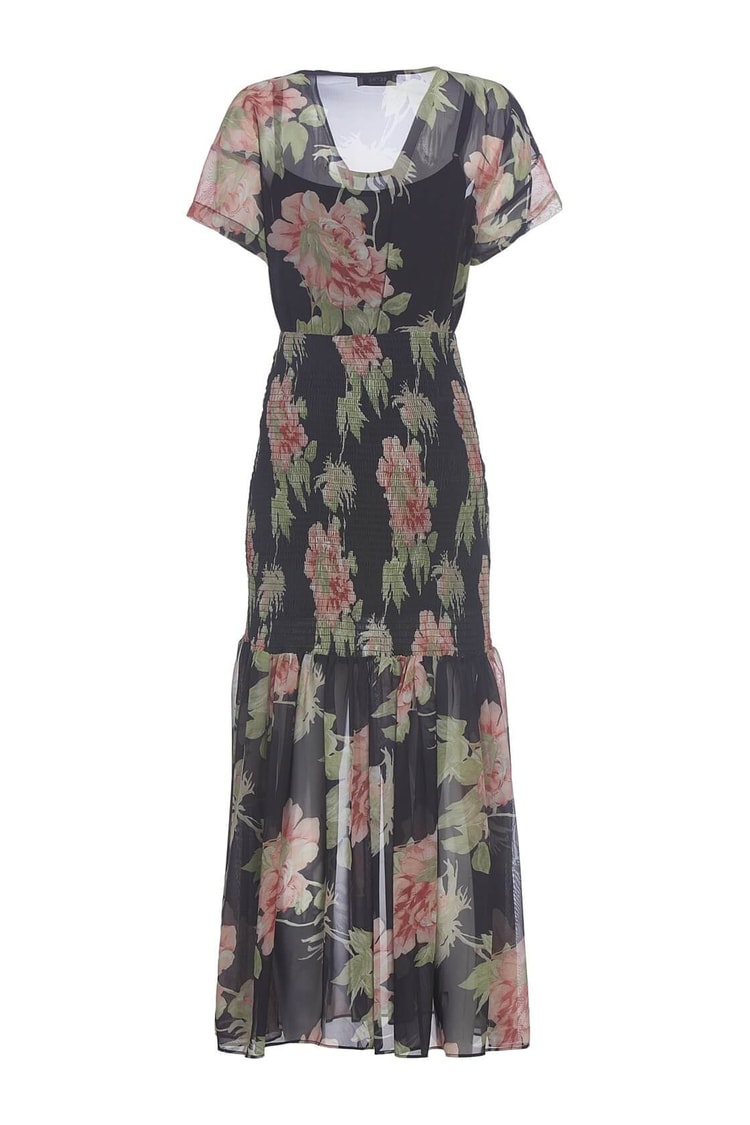 Siyah  V Yaka Bele Oturan Astarlı Yarım Kol Maxi Boy Floral Desen ElbiseST050S4063501