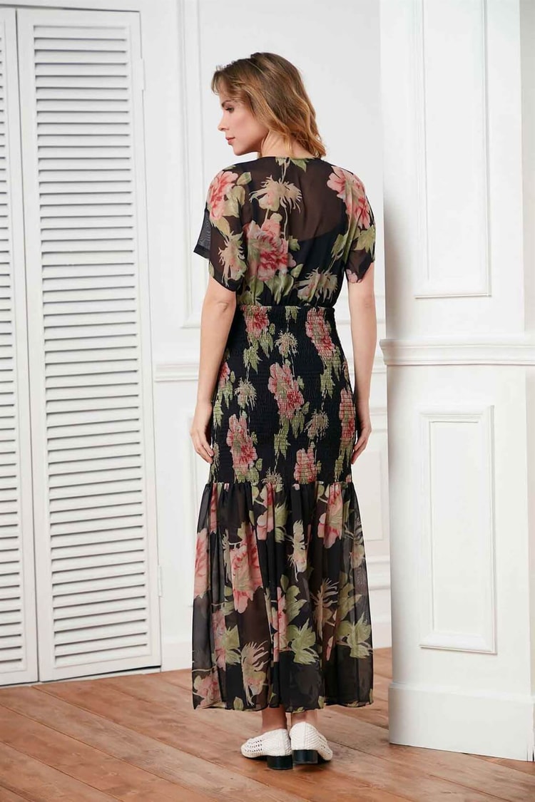 Siyah  V Yaka Bele Oturan Astarlı Yarım Kol Maxi Boy Floral Desen ElbiseST050S4063501