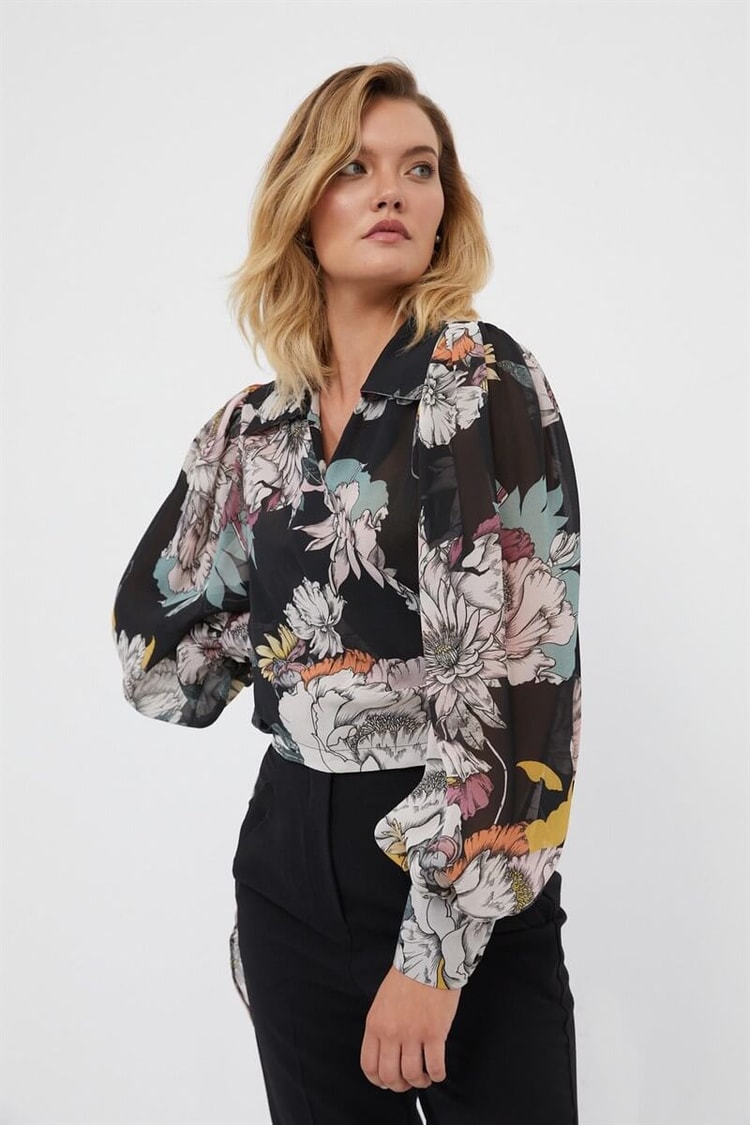 Siyah Anvelop Floral Desen BluzST060W30673001