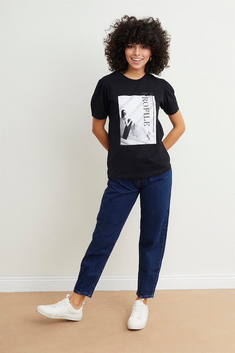 Siyah Ayıcık Baskılı Pamuk T-ShirtST050S7114801