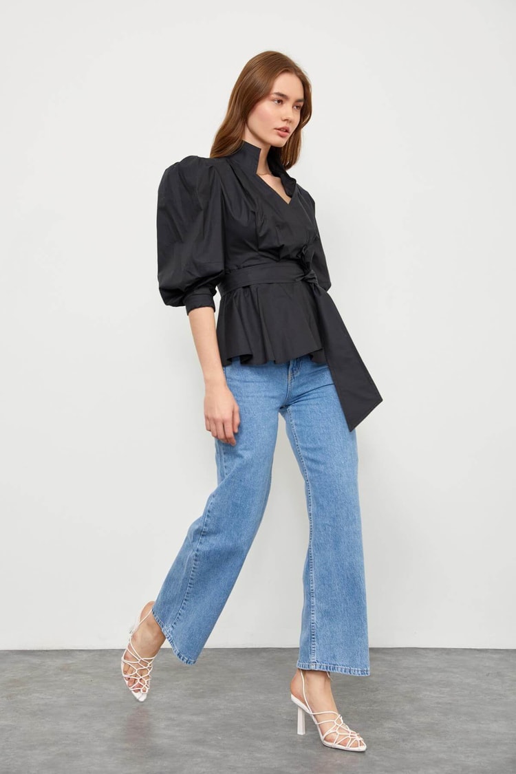 Siyah Bağcık Detaylı Poplin BluzST060S3051901