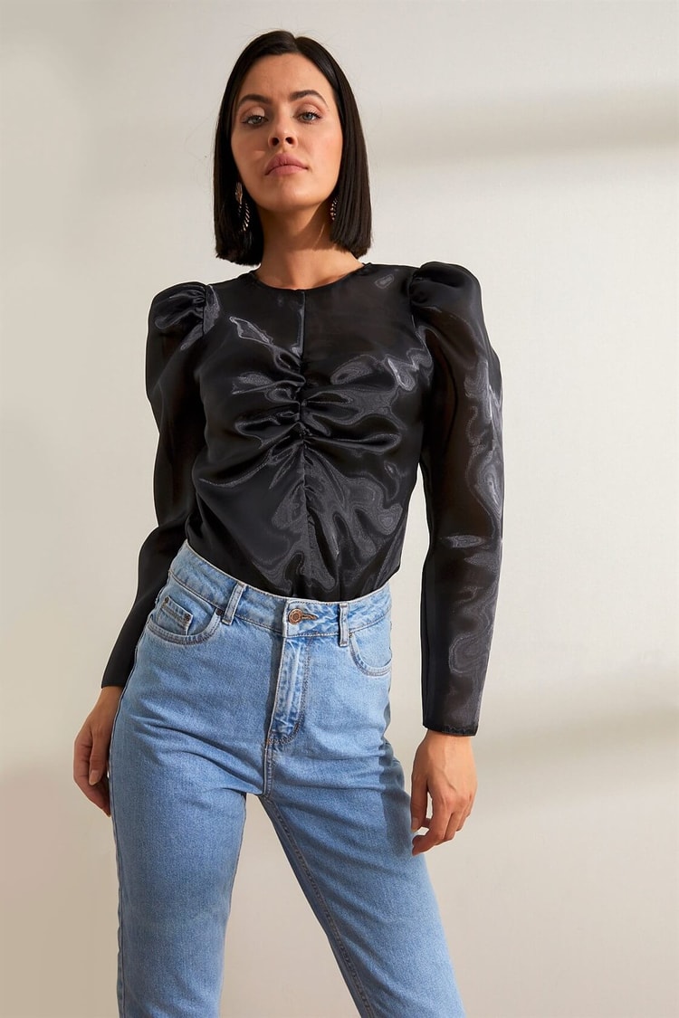 Siyah Balon Kol Drapeli Tül BluzST060W3047201
