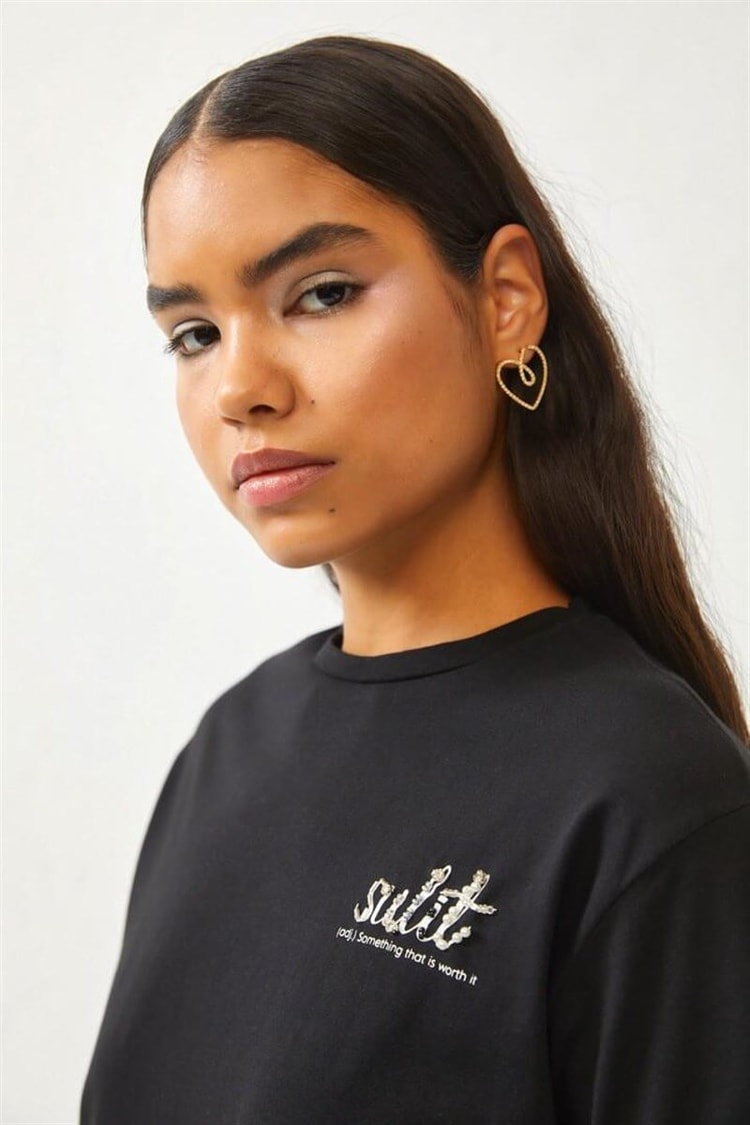 Siyah Baskılı Bisiklet Yaka T-ShirtST060S71252001