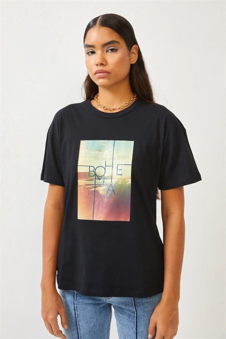 Siyah Baskılı Bisiklet Yaka T-ShirtST060S71271001
