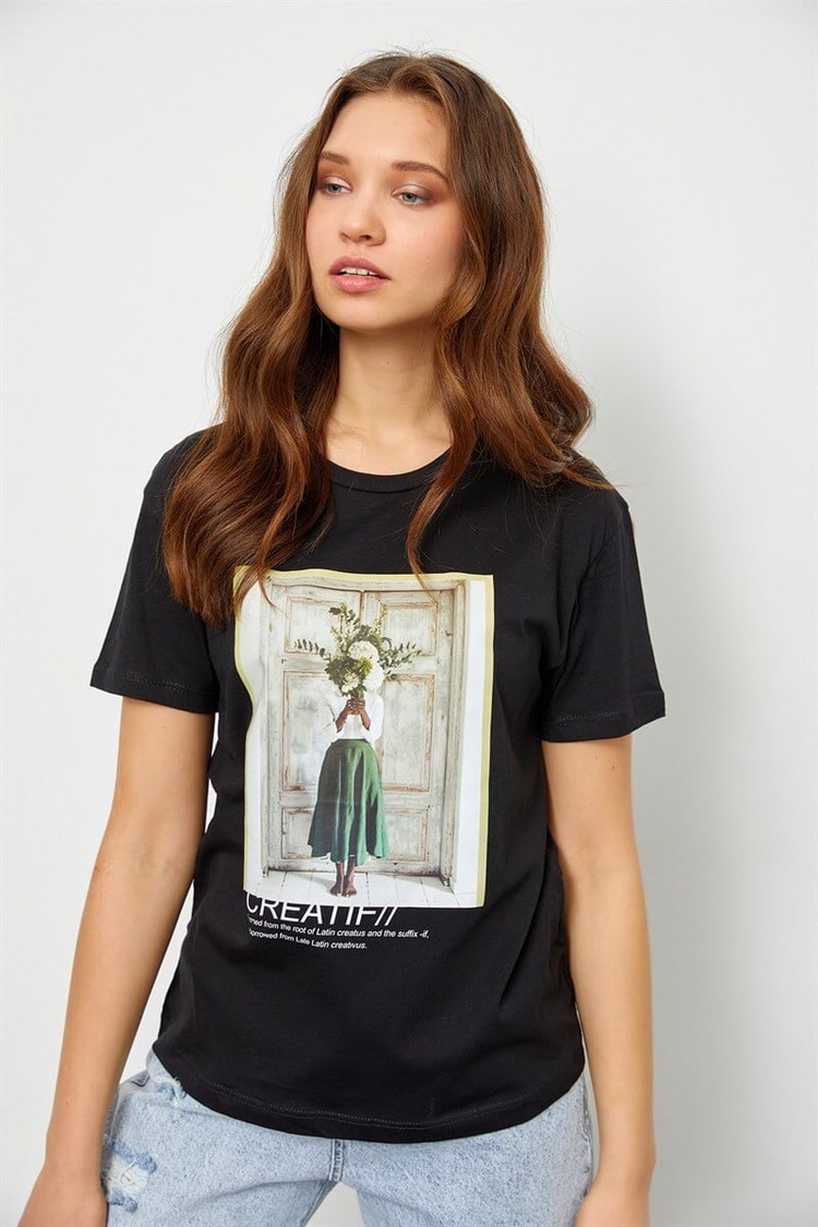 Siyah Baskılı Kısa Kol T-ShirtST060S7115701