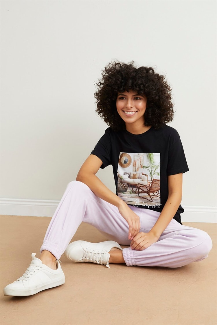 Siyah Baskılı Pamuk Kısa Kol T-ShirtST050S7114201