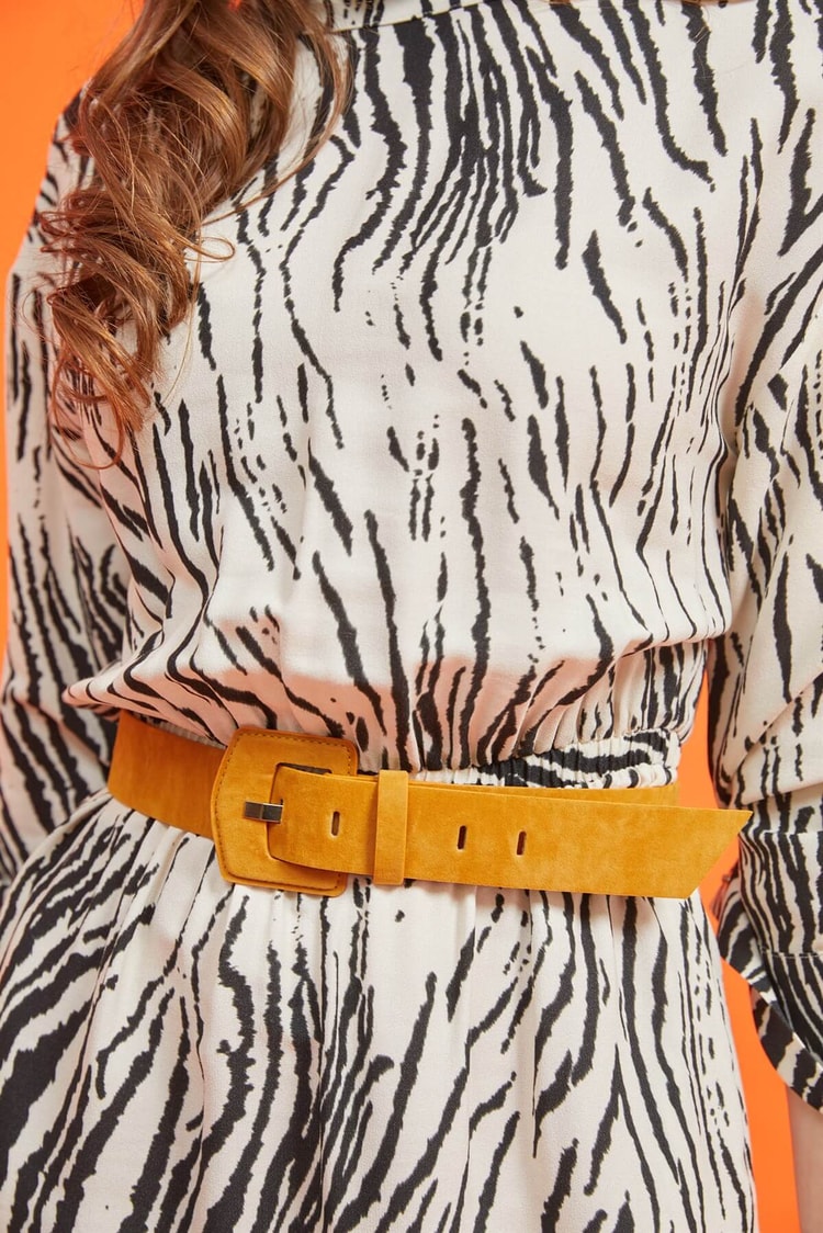Siyah-Bej Kemerli Zebra Desen ElbiseST060W40111801