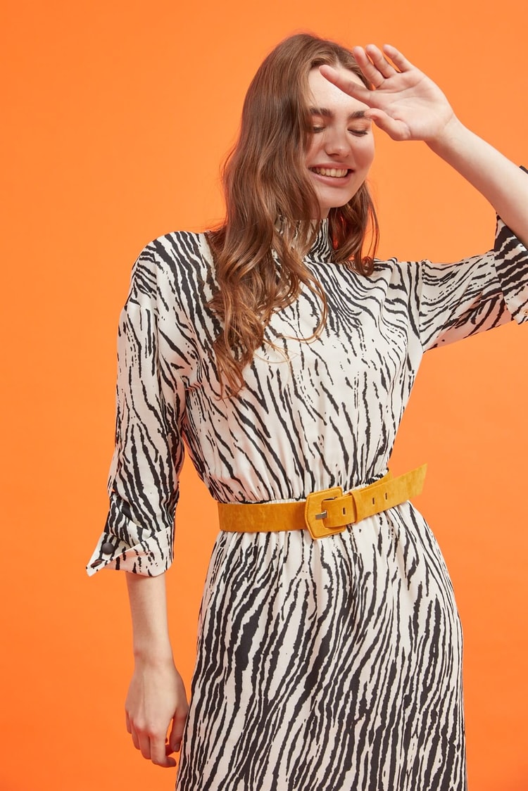 Siyah-Bej Kemerli Zebra Desen ElbiseST060W40111801