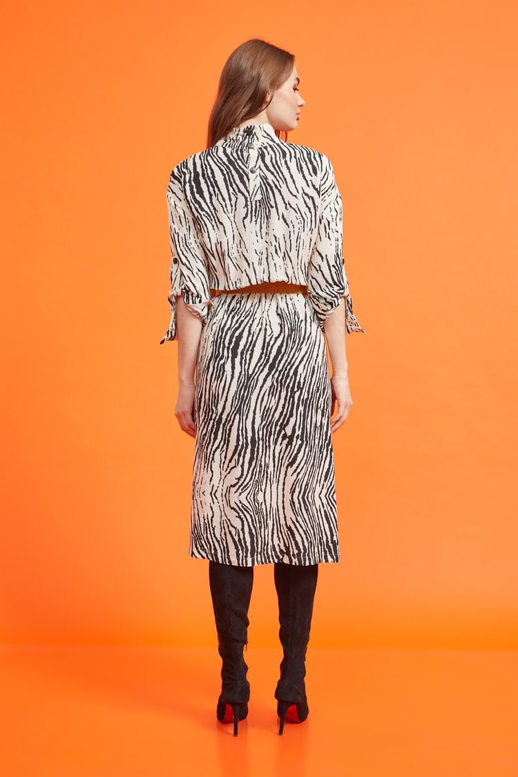 Siyah-Bej Kemerli Zebra Desen ElbiseST060W40111801