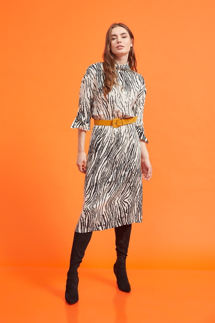 Siyah-Bej Kemerli Zebra Desen ElbiseST060W40111801