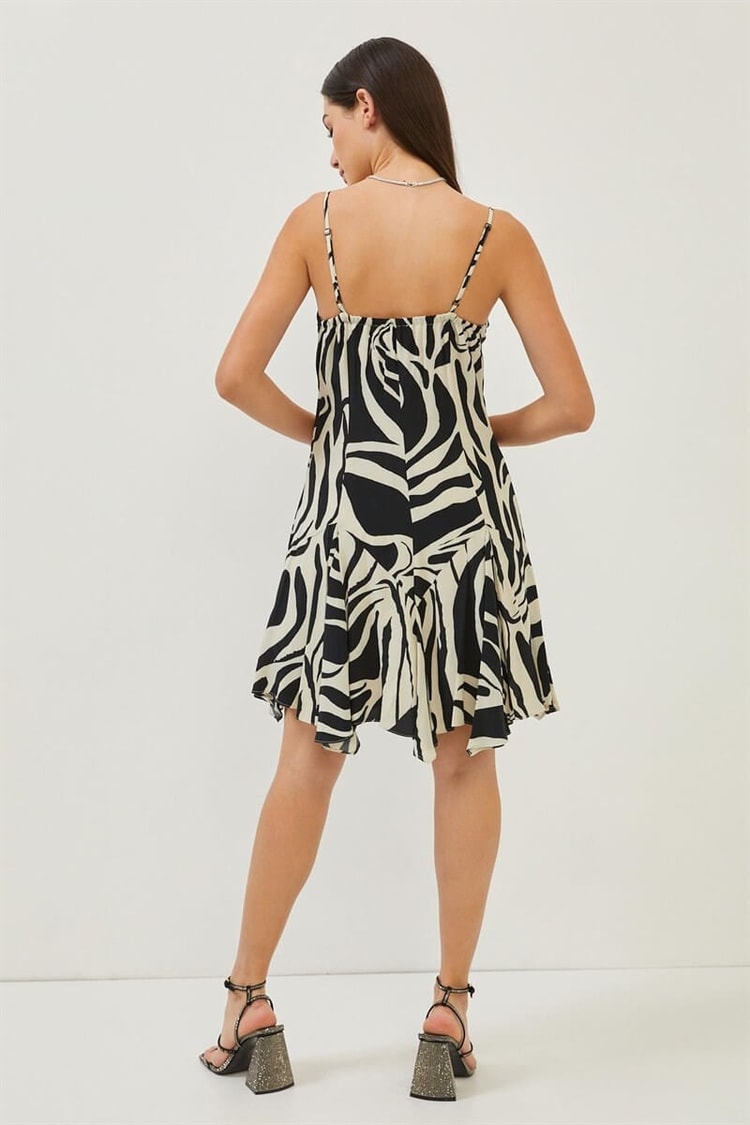Siyah-Bej Zebra Desen A Kesim V Yaka Mini ElbiseST060S40122201