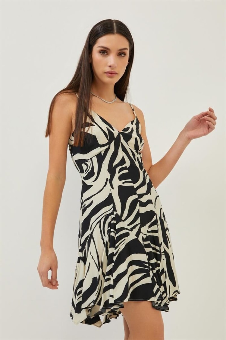 Siyah-Bej Zebra Desen A Kesim V Yaka Mini ElbiseST060S40122201