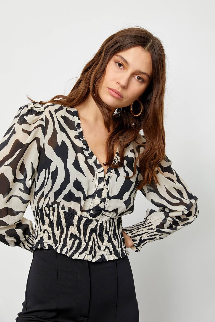 Siyah-Beyaz Modal Rayon V Yaka Zebra BluzST060S30563001