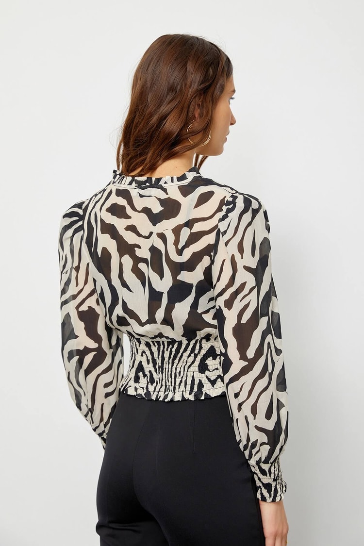 Siyah-Beyaz Modal Rayon V Yaka Zebra BluzST060S30563001