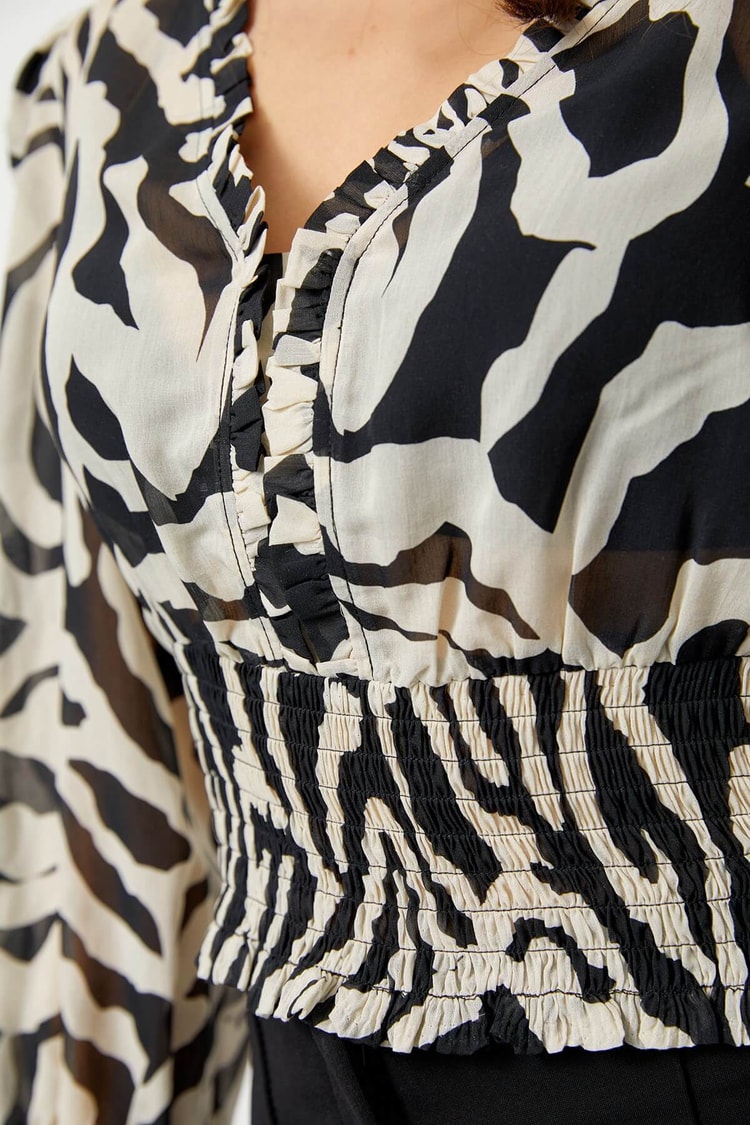 Siyah-Beyaz Modal Rayon V Yaka Zebra BluzST060S30563001