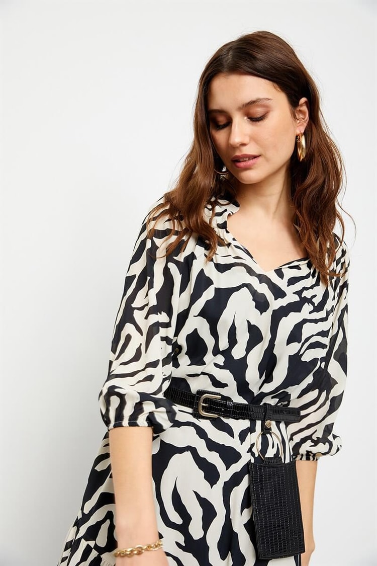 Siyah-Beyaz Modal Rayon Zebra Desenli Çanta Kemerli ElbiseST060S40107501